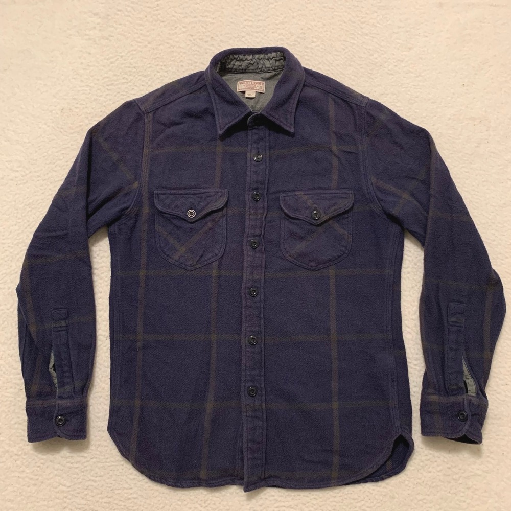Wallace & Barnes Plaid Flannel Work Shirt Mens S Heavyweight Cotton Navy K2518